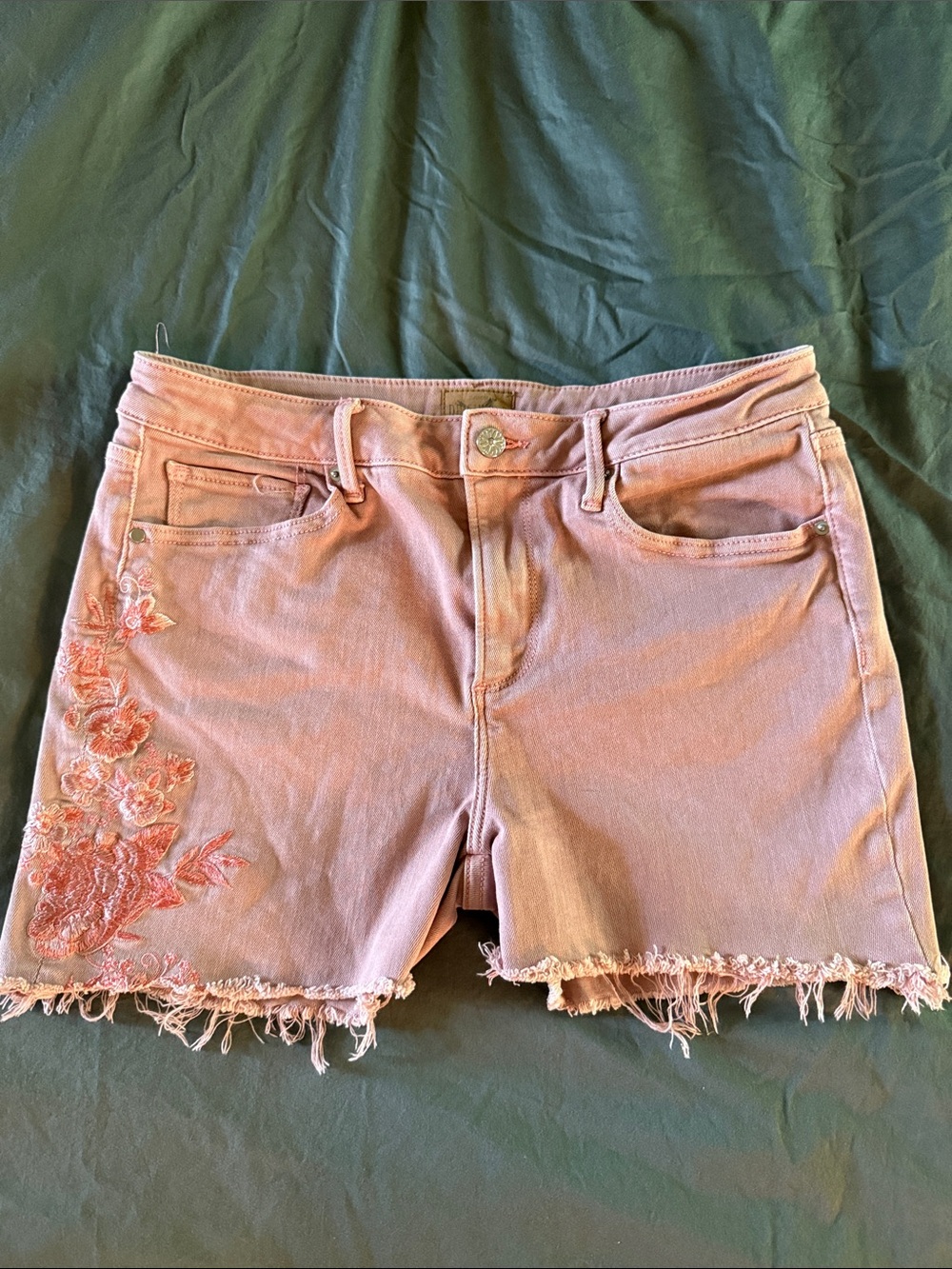 DRIFTWOOD Pink Embroidered Frayed Hem Denim Shorts